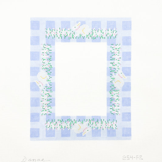 Bunnies with Picket Fence on Blue Gingham Frame