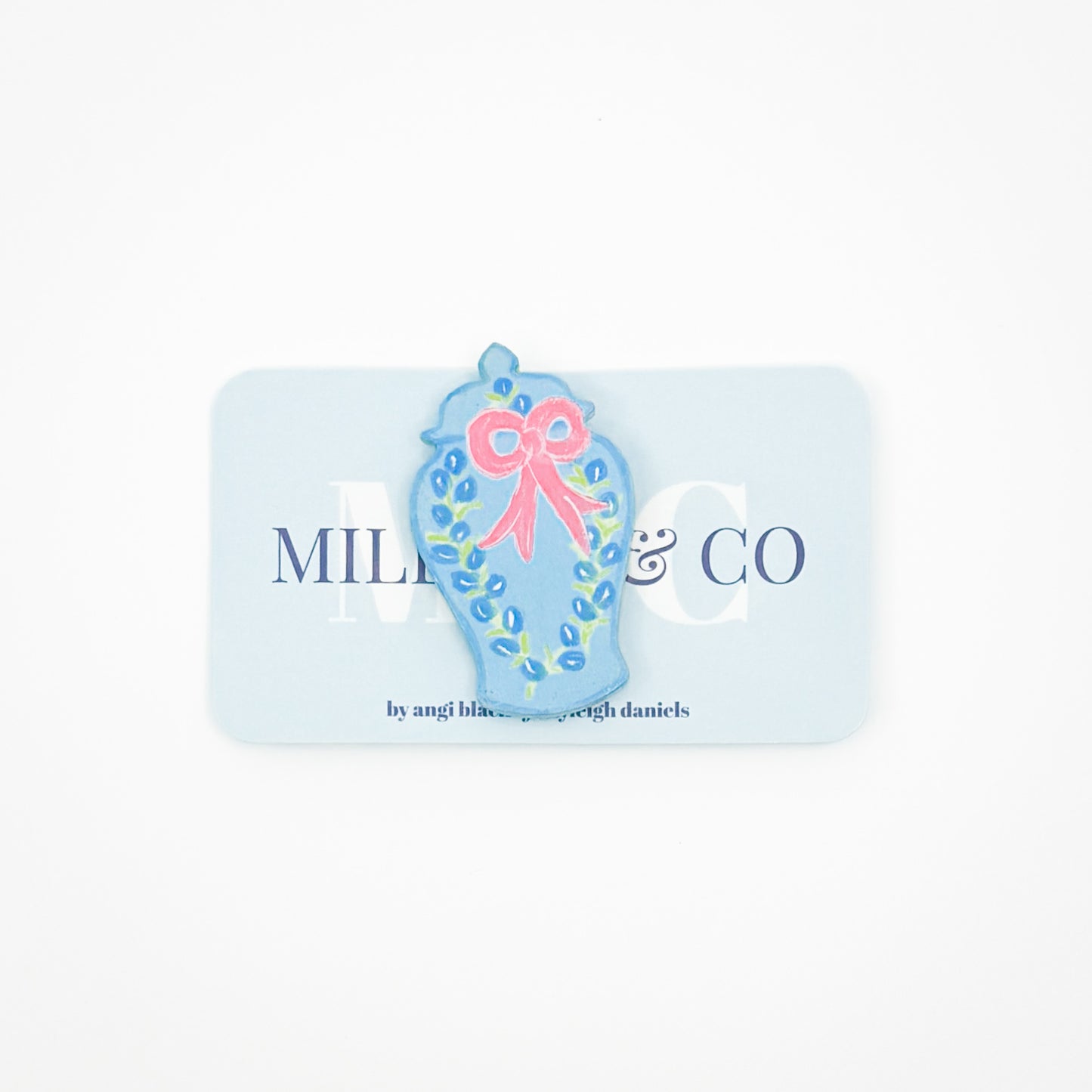 Blue Ginger Jar with Pink Bow Hand Painted Needle Minder