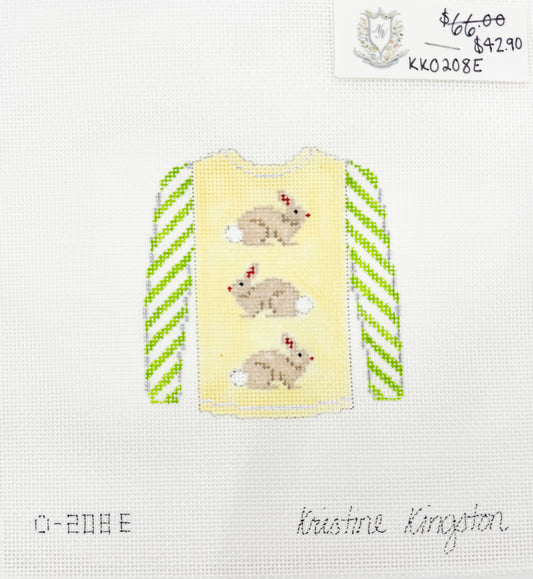 Yellow Sweater with Brown Bunnies and Green Stripe Sleeves