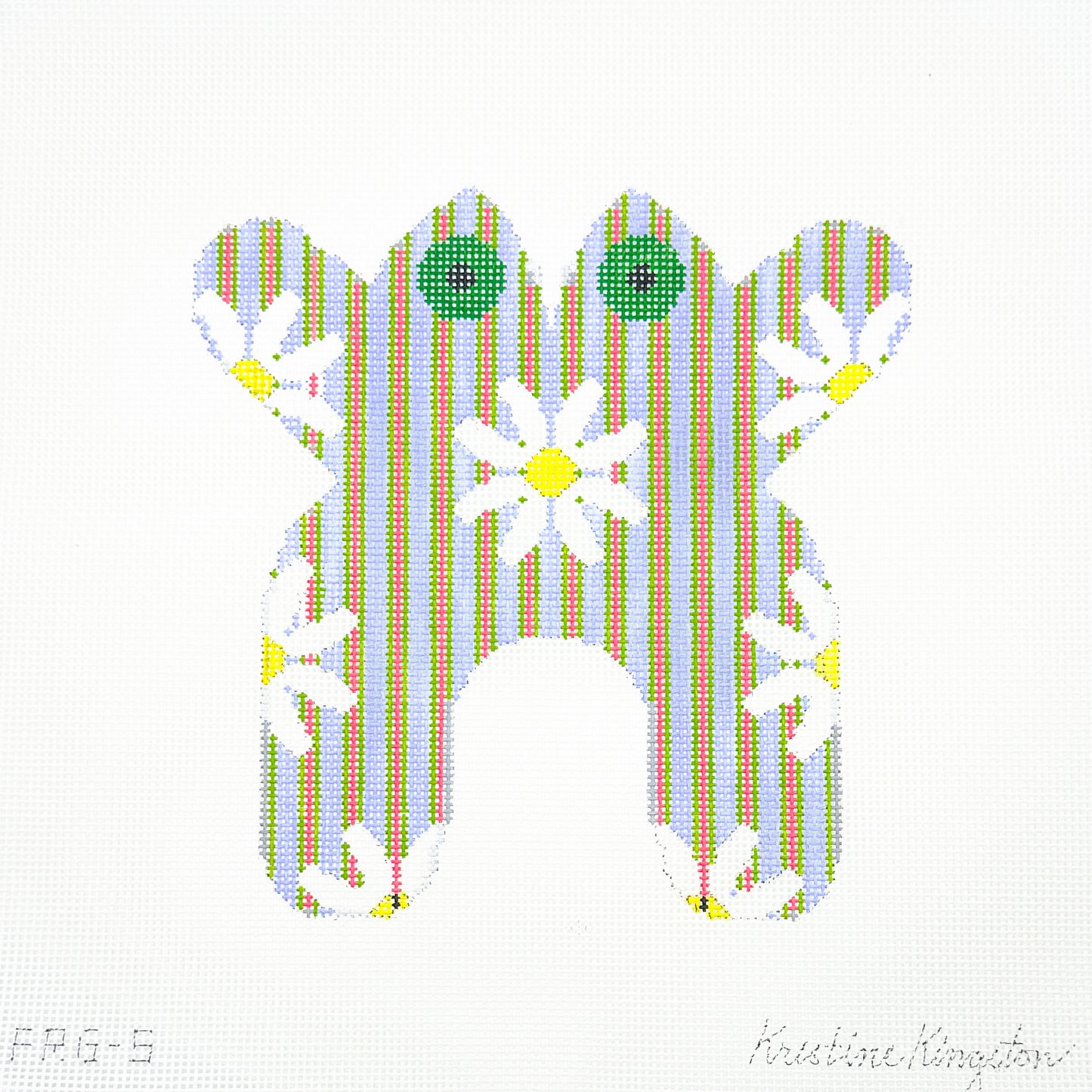 Frog with Daisies on Blue with Green and Pink Stripes