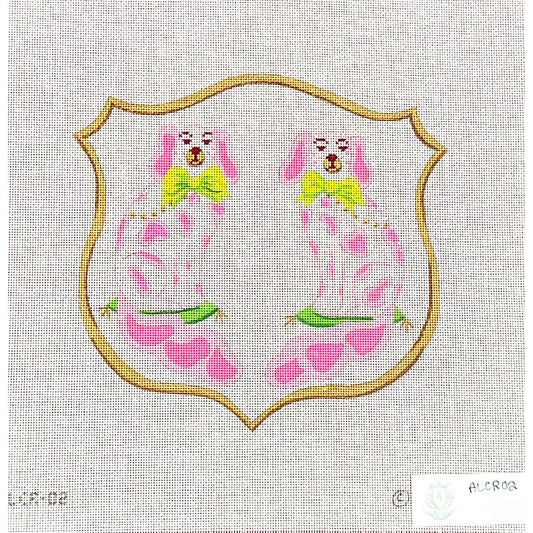 Pink Staffordshire Dogs on Cushions Monogram Crest