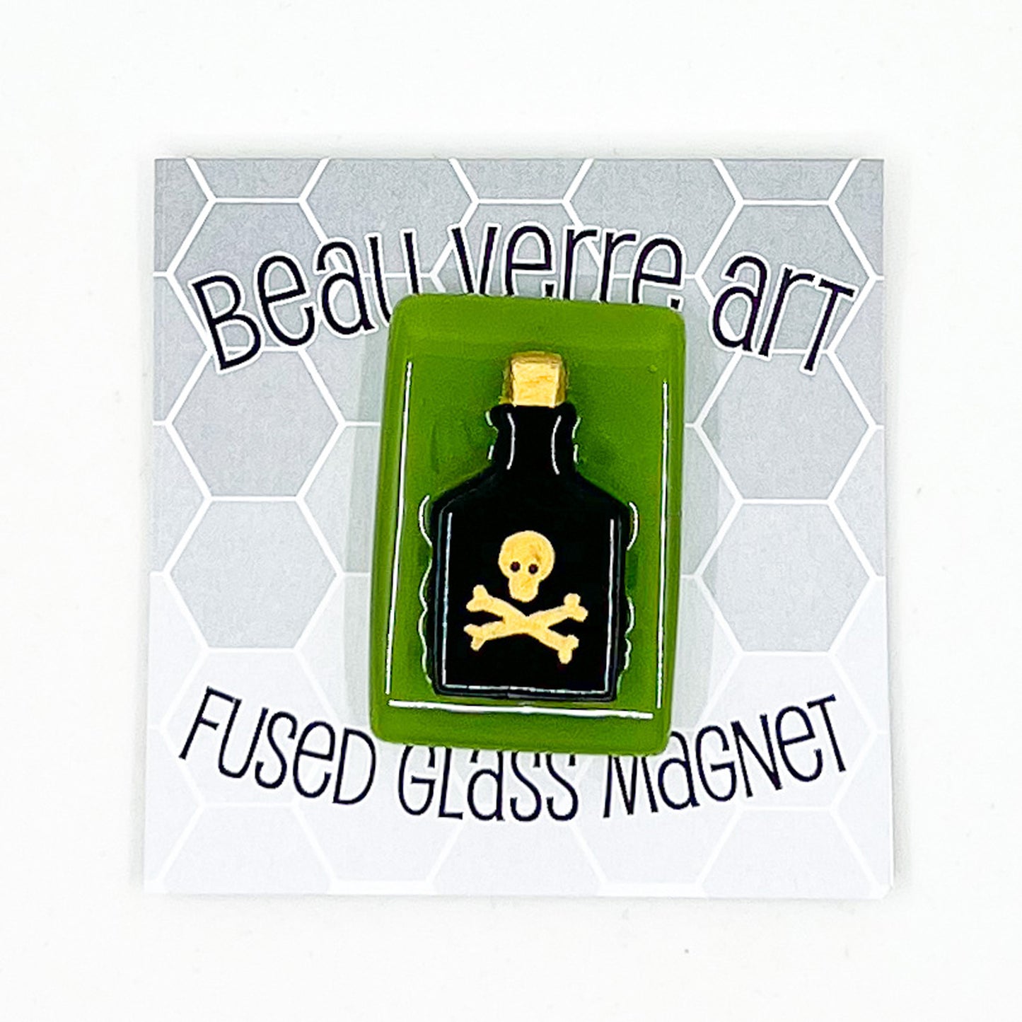 Black Poison Bottle on Green Fused Glass Needle Minder