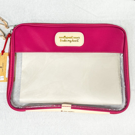 Jon Hart Berry Coated Canvas Folio with "Needlepoint Never Broke My Heart" in Gold