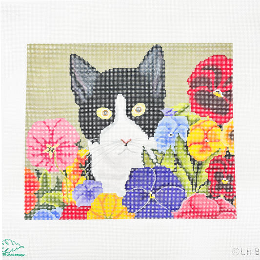 Black and White Cat with Flowers