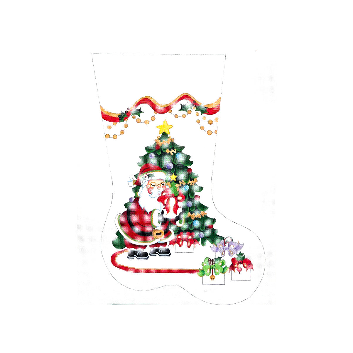 Tree and Santa Holding Gift Midsize Stocking