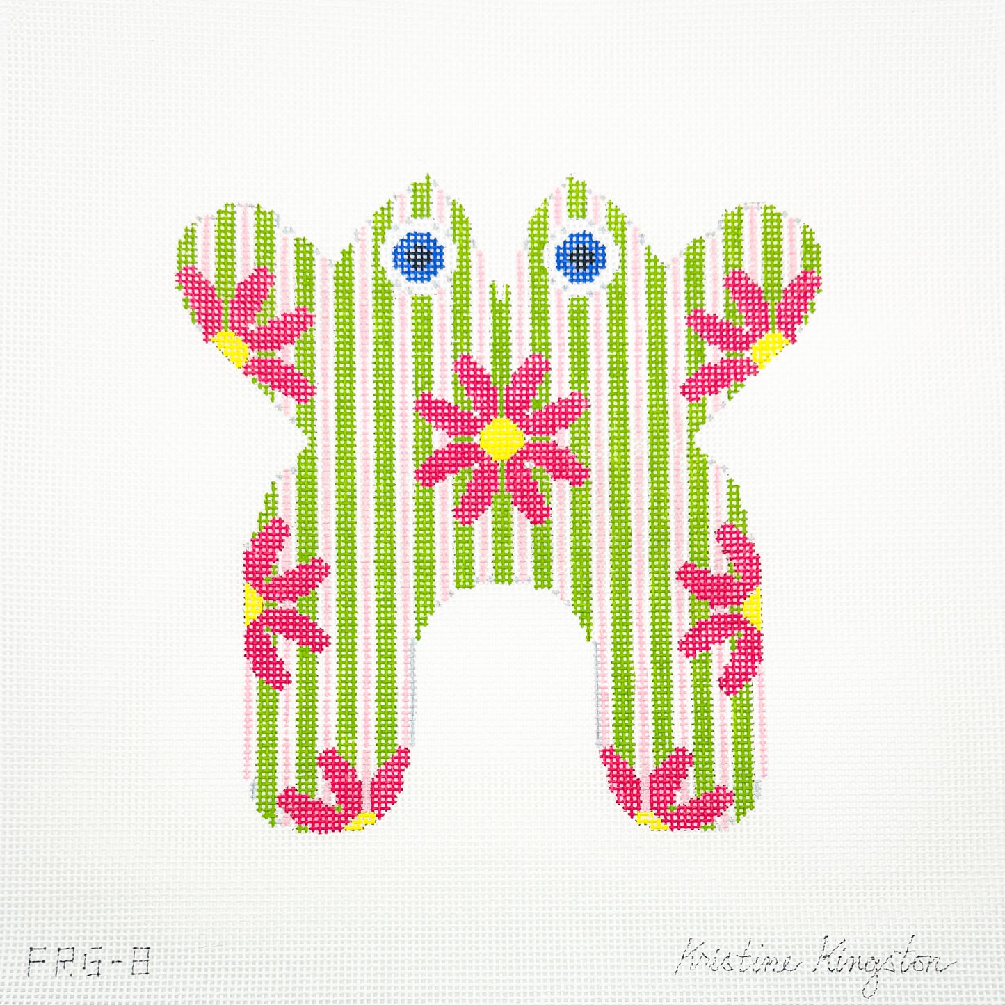Frog with Pink Daisies on Green and Pink Stripes