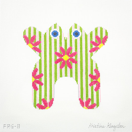Frog with Pink Daisies on Green and Pink Stripes