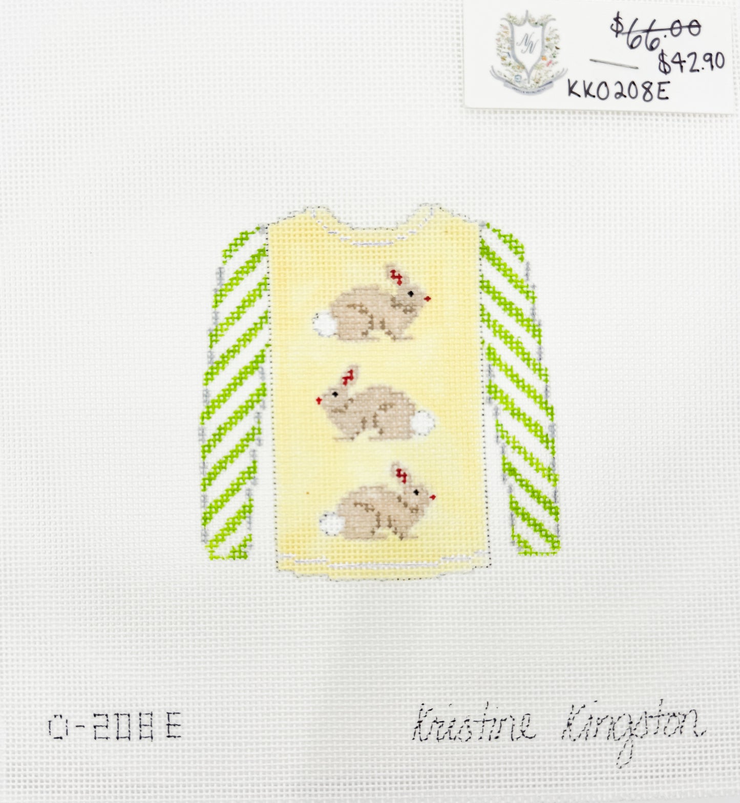 Yellow Sweater with Brown Bunnies and Green Stripe Sleeves