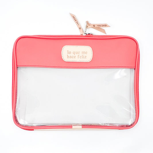Jon Hart Clear Folio in Coral Coated Canvas PRE-STAMPED “lo que me hace felíz” (what makes me happy)