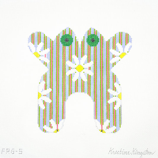Frog with Daisies on Blue with Green and Pink Stripes