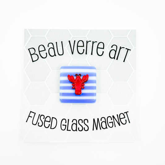 Lobster on Blue Stripe Fused Glass Needle Minder