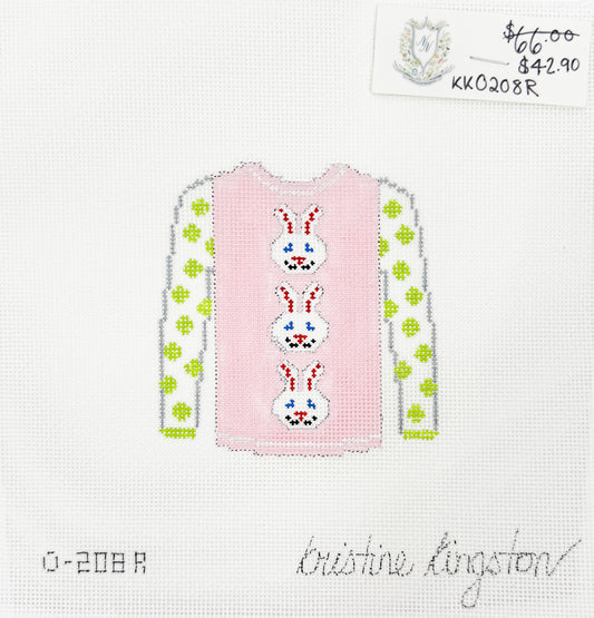 Pink Sweater with Bunny Faces and Green Polka Dot Sleeves