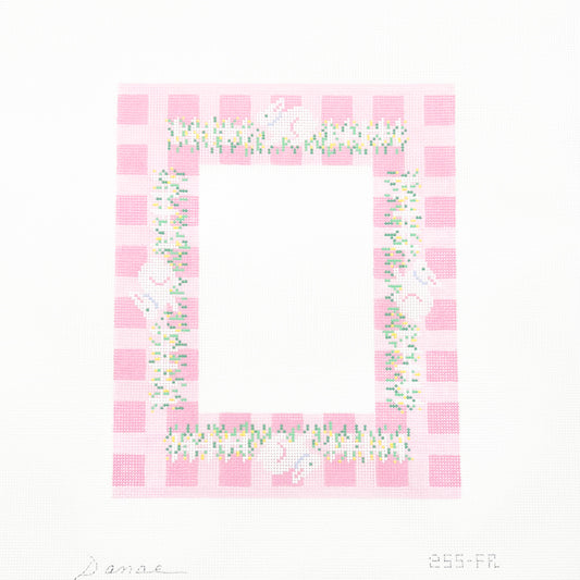 Bunnies and Picket Fence on Pink Gingham Frame